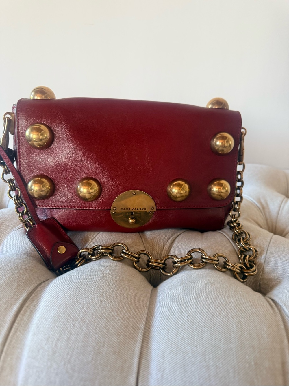 RARE 3-in-1 Marc Jacobs Gotham Studded Leather Bag Burgundy Solid Brass Chain
